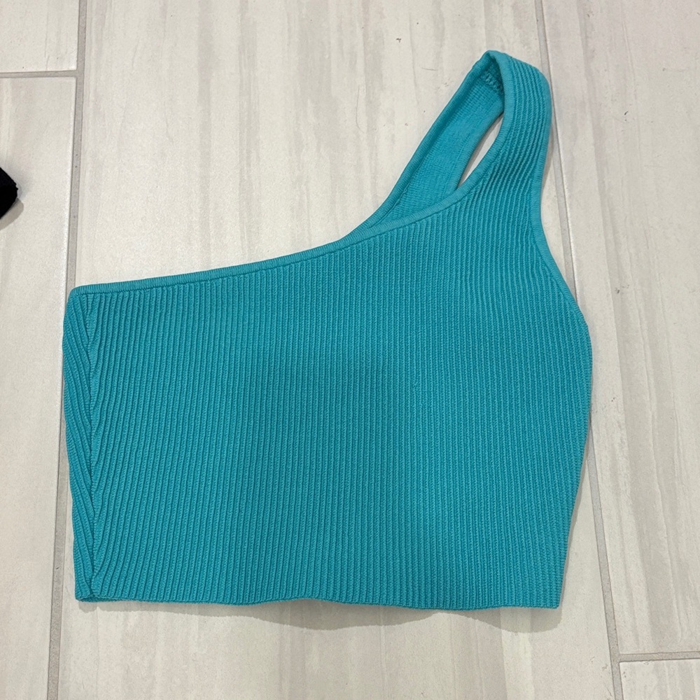 Aritzia Babaton Turquoise One Shoulder Ribbed Tank Top